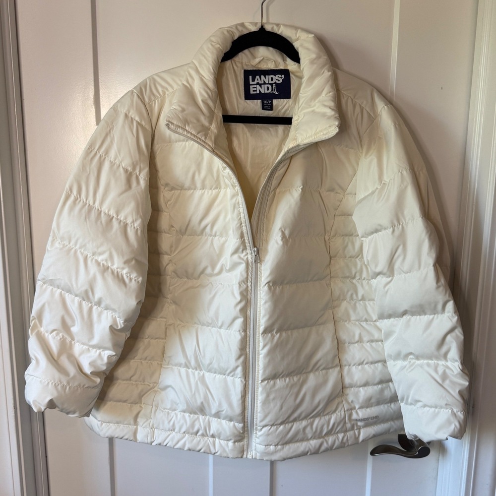 Lands End Womens 1X/P Ivory Off White Quilted Full Zip Puffer Jacket Coat